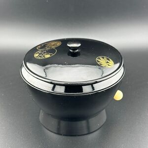 Vintage Asian Round Black Gold Lacquer Wooden Trinket Box 4.75" MCM